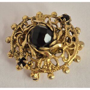 Vintage Gold Tone Black Glass Rhinestone Circular Brooch Signed SANDOR 1"